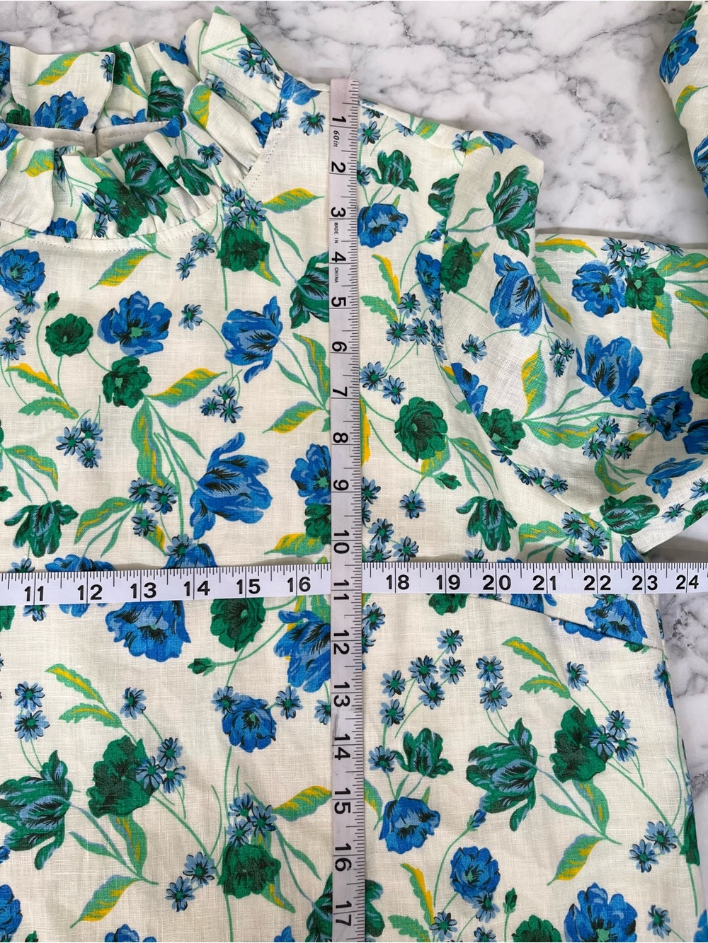 Draper James Blue Green Floral Linen Shift Dress High Neck Ruffle Collar Size XL - Picture 5 of 10